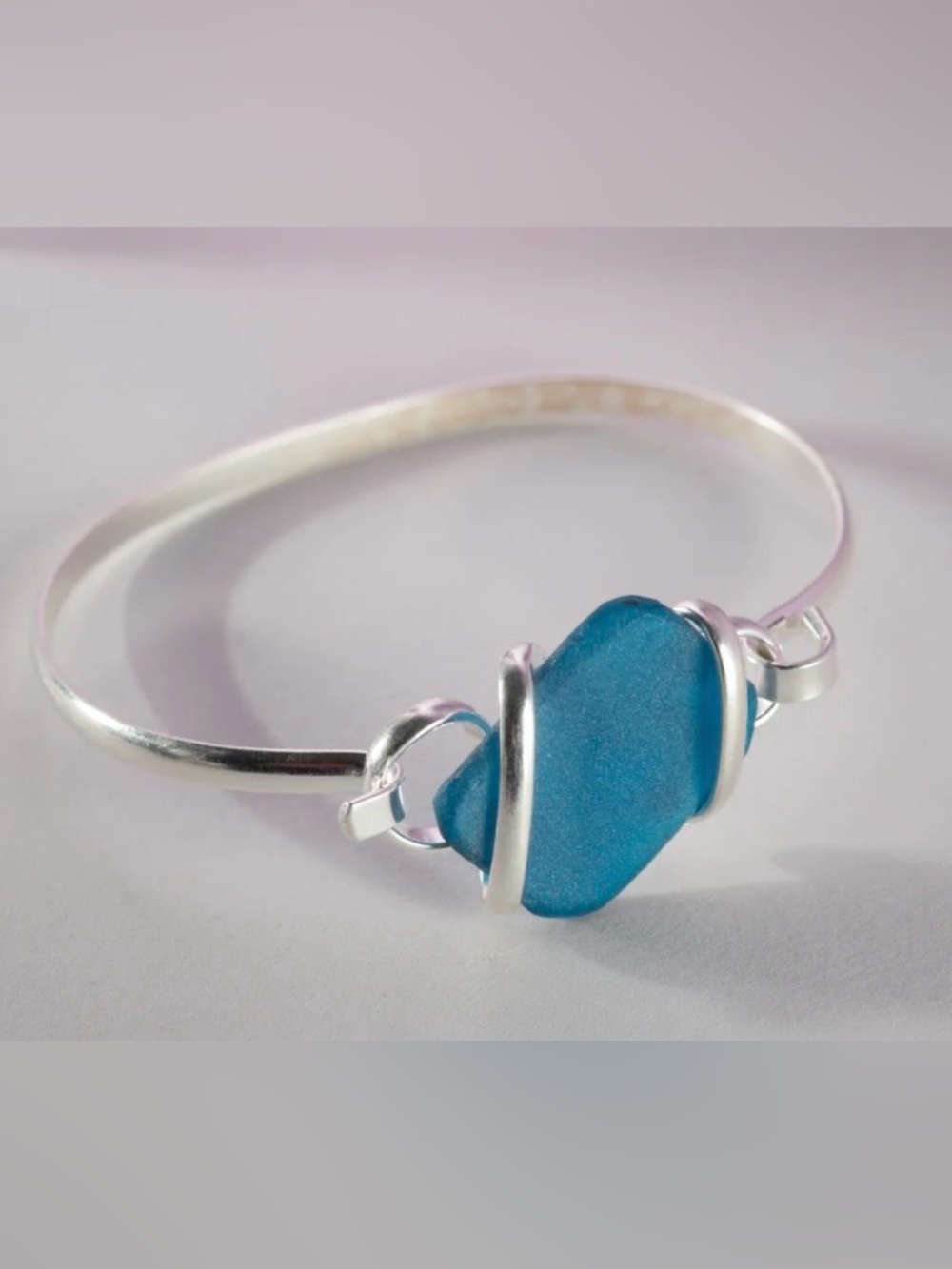Blue Sea Glass Silver Bangle Bracelet - Women's Jewelry 7”